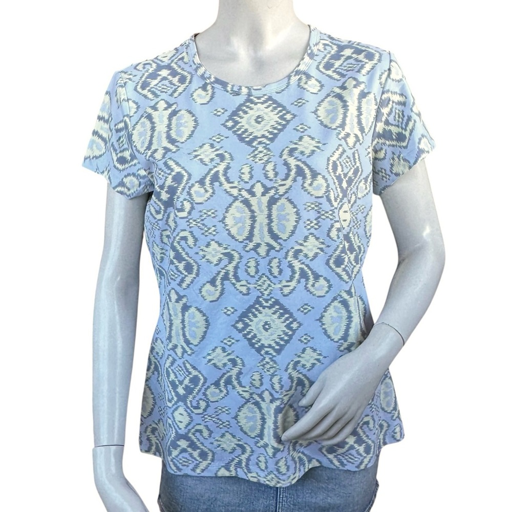 J. McLaughlin Pale Blue Butter Yellow Ikat Abstract Catalina Cloth T Shirt Large